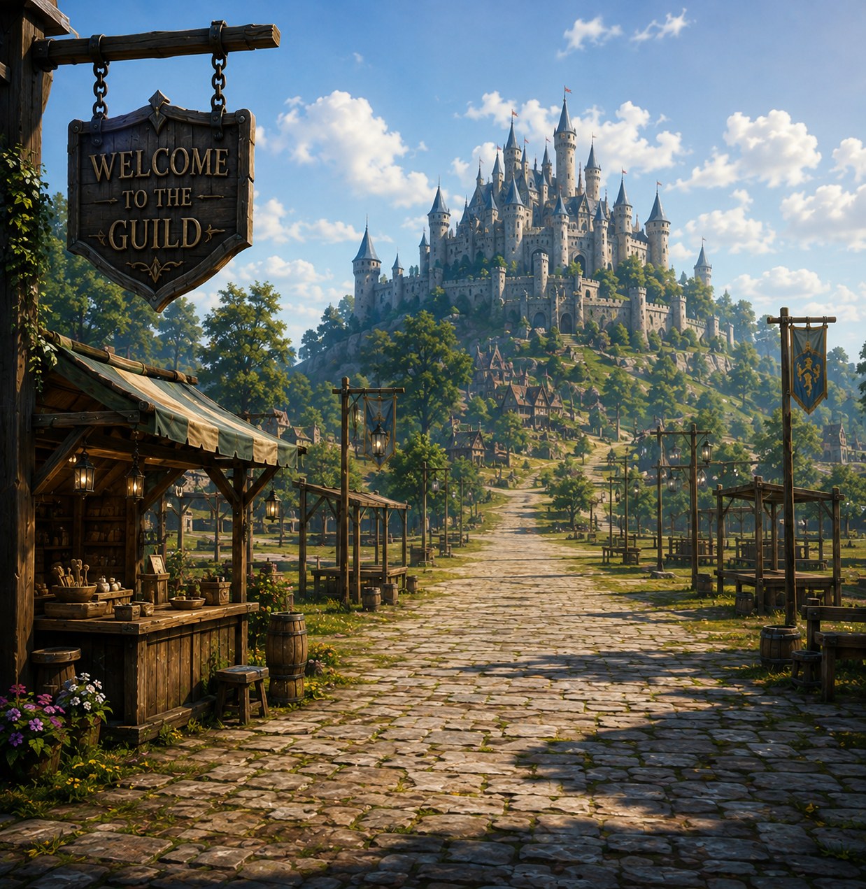 A flagstone path lined with market stalls, leading up to the guild hall